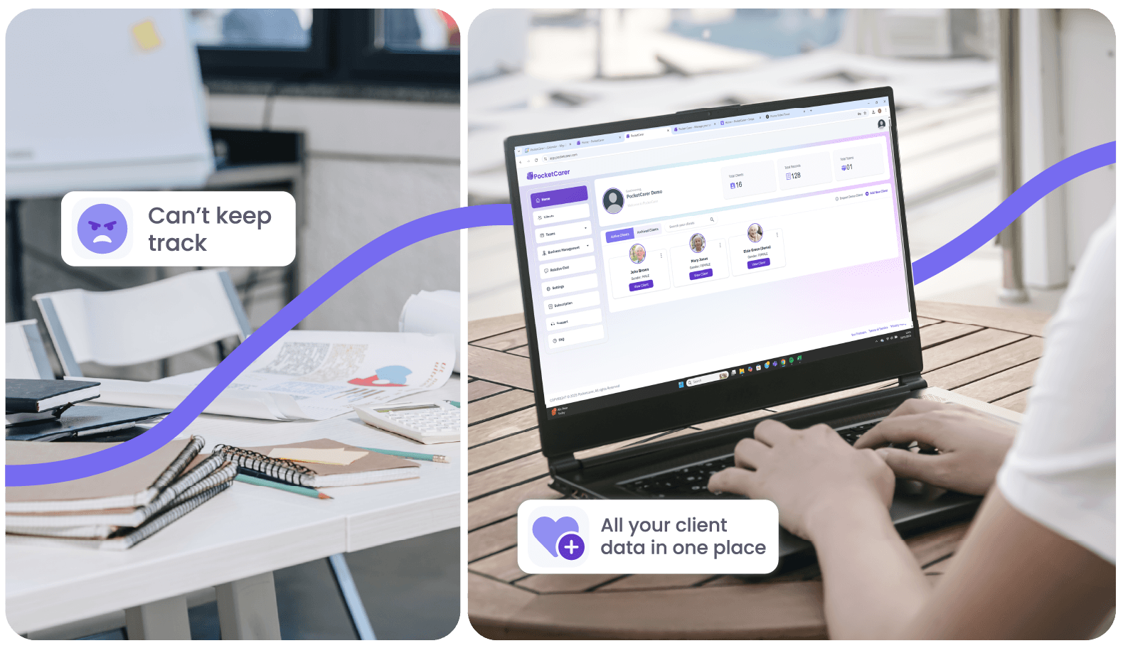 Two images side by side showing a messy desk and a user on a desktop with the PocketCarer app open
