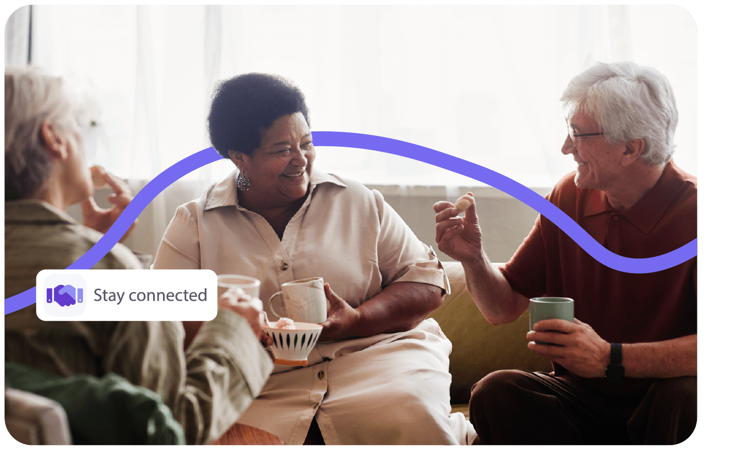 A photo of an elderly lady and man sitting whilst enjoying tea and cake, decorative graphics overlay the image