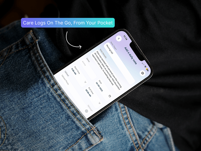 A closeup of a mockup showing the PocketCarer app in the pocket of a pair of jeans